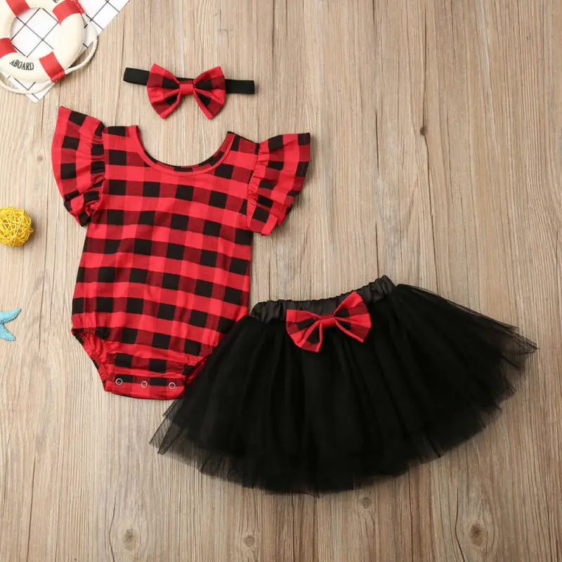 Одежда для малышей боди с короткими рукавами одежда для маленьких девочек на Рождество «My 1st» Ползунки в клеточку+ фатиновые юбки, платье+ повязка на голову, осенняя одежда