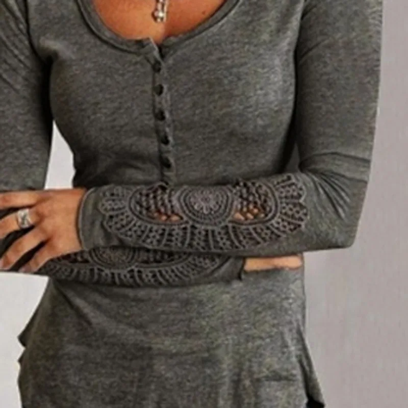 ZANZEA Women Long Sleeve Shirt Casual Autumn Lace Crochet Blouse Plus Size Solid Basic Tops Tunic Blusas Femininas Chemise Mujer