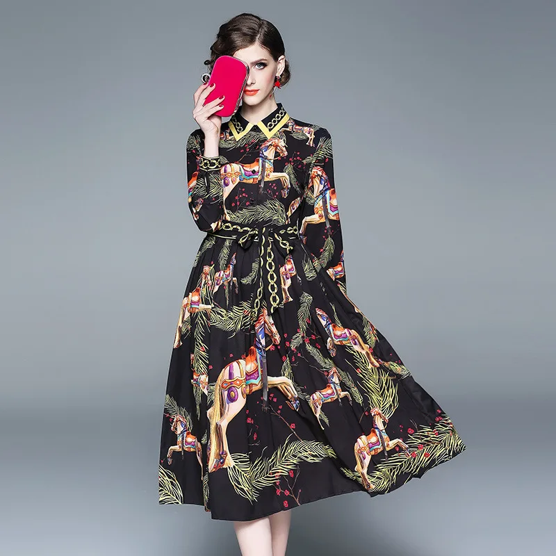 

Photo Shoot Spring And Autumn New Style French Ribbon Shirt Collar Pleated Base Skirt Retro Flower Dress