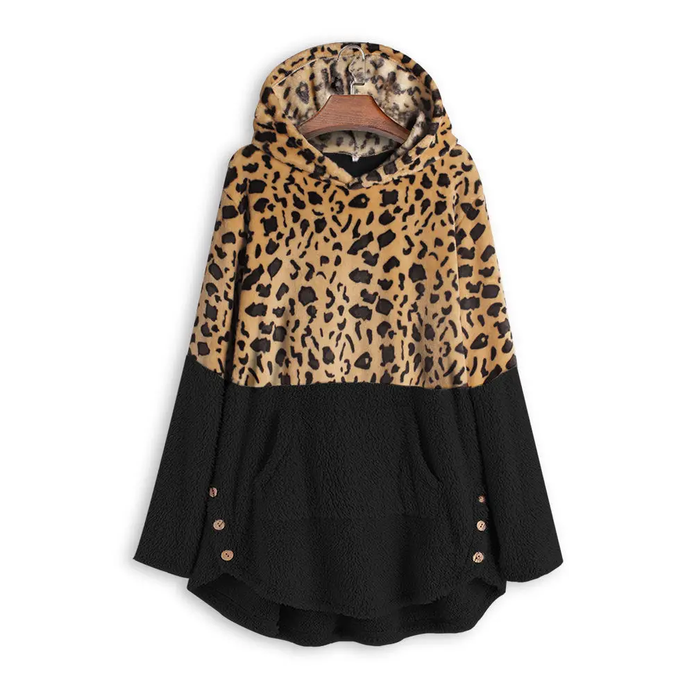 

Women Sherpa Oversized Leopard Hooded Sweater Teddy Fleece Pullover Plus Size 5XL Loose Warm Streetwear Teddy Robe Sweaters