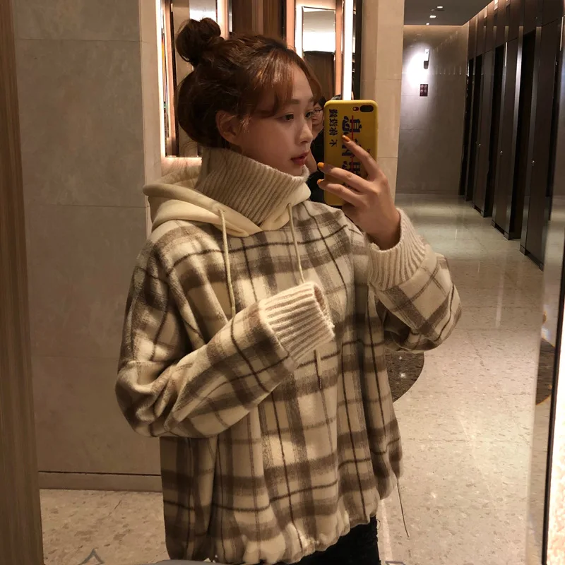 

Women's Hoodie Fashion Plaid Patchwork High Collar Large Size Hooded Fake Two-piece Plus Velvet Thick Vest Jacket Female Tide207
