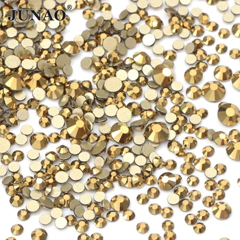 

JUNAO 1400pc Mix Size SS6-SS20 Gold Glass Nail Rhinestone Applique Glue On Flatback Stone Nail Crystal Sticker Non Hotfix Strass