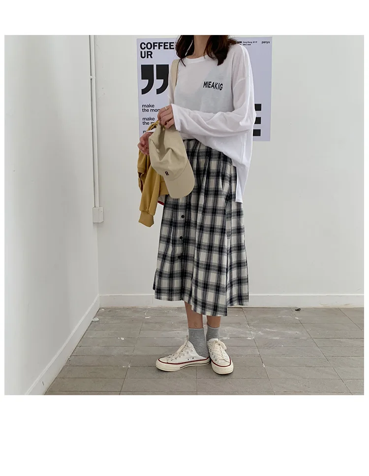 [Yellow Zheng] Semi-Elastic High-waisted Single Breasted Plaid Skirt Women's Autumn Korean-style A- line Skirt Sub-Q81356