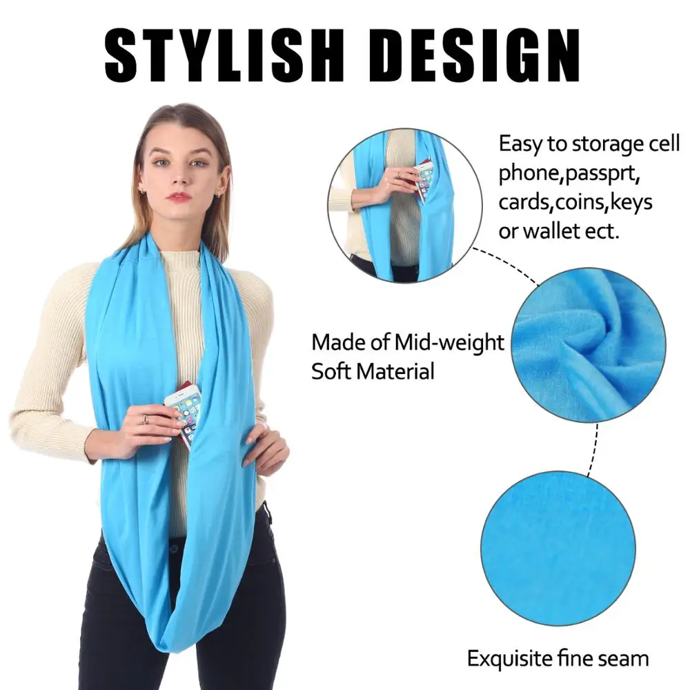 Хит, Женский Одноцветный зимний шарф с карманом, вязаные теплые зимние шарфы, синий, конвертируемый, путешествие, секретный карман, бесконечность
