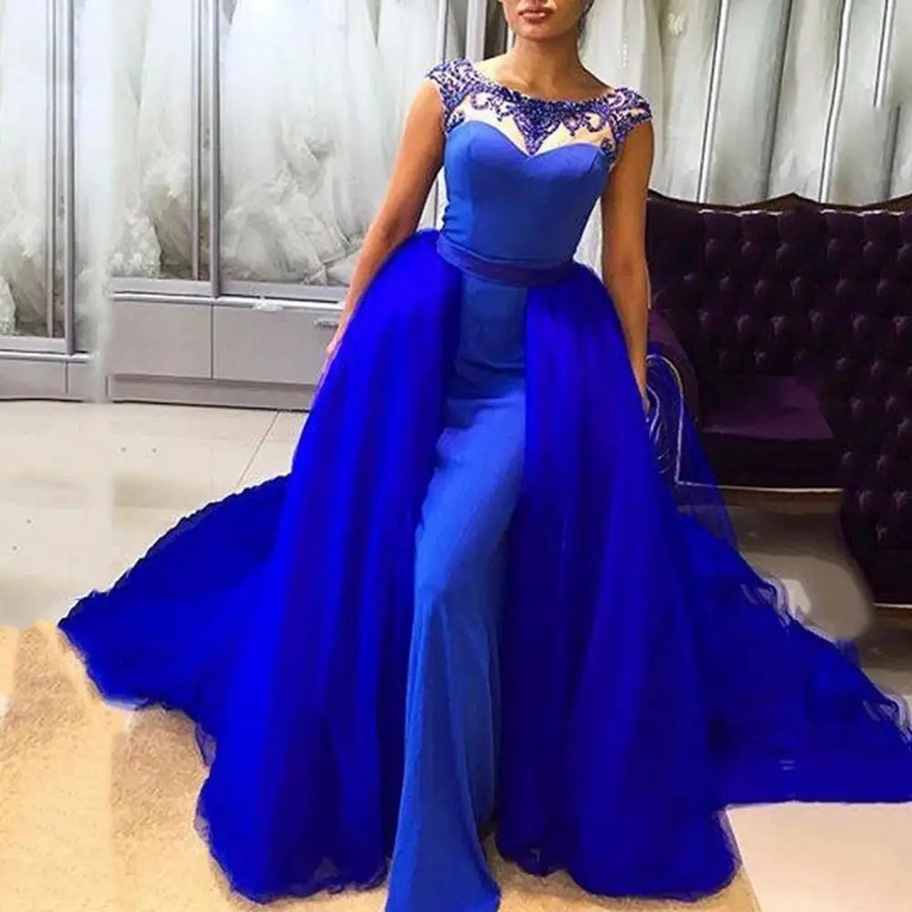 

Royal Blue Mermaid Evening Dress With Detachable Skirt Sheer Neck With Beading Formal Party Dresses vestido de noiva azul