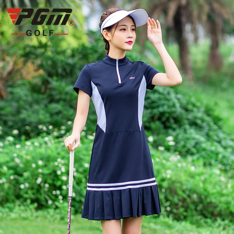 

PGM Summer Autumn Women'S Slim Golf Dress High Elastic Breathable Quick Dry Zipper Collar Golf Sports Pleated Short Skirt