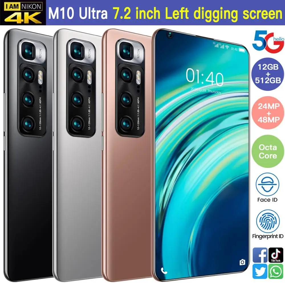 Смартфон глобальная версия 7 2 дюйма M10 Ultra Snapdragon 865 задняя камера 48 МП Селфи 12 Гб + 512