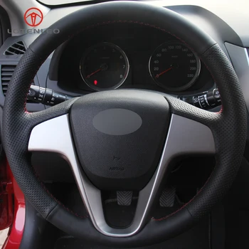 

LQTENLEO Black Artificial Leather Hand-stitched Car Steering Wheel Cover for Hyundai Solaris Verna i20 2008-2012 Accent