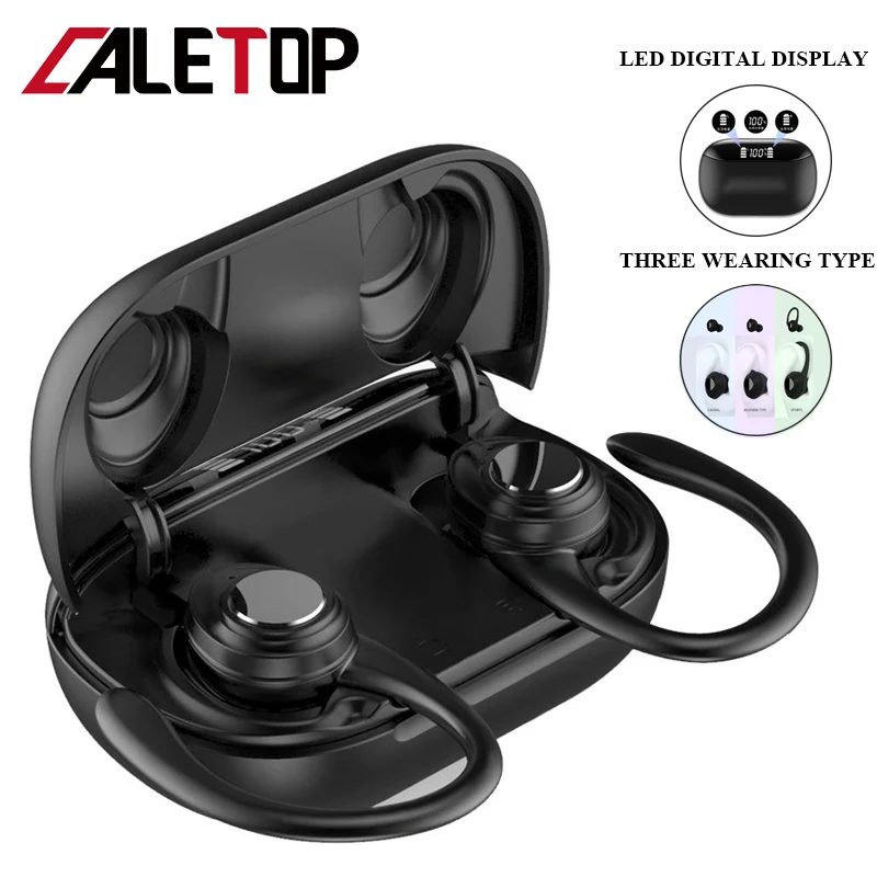CALETOP TWS Bluetooth 5,0 спортивные наушники с ушным крюком IPX5 водонепроницаемые наушники с светодиодный цифровой дисплей чехол для зарядки