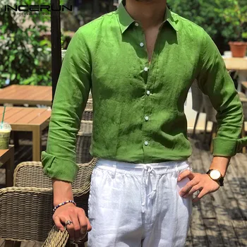 

INCERUN 2020 Men Business Shirts Casual Plain Breathable Cotton Long Sleeve Button Blouse Slim Fit Social Men Basic Shirt Camisa