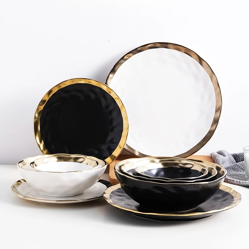 סט 6 צלחות/מרקיות פורצלן שחור/לבן עם מסגרת זהב - דגם ונציה 2
