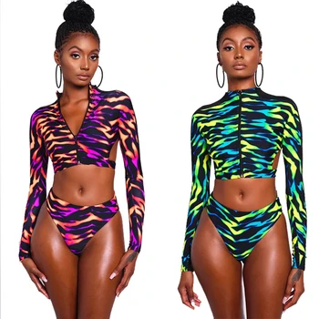 

2020 New African Backless Long Sleeve Swimsuit Women Two Piece Padded Swimwear Bathing Suits Bikinis Maillot Trajes De Bano Bain