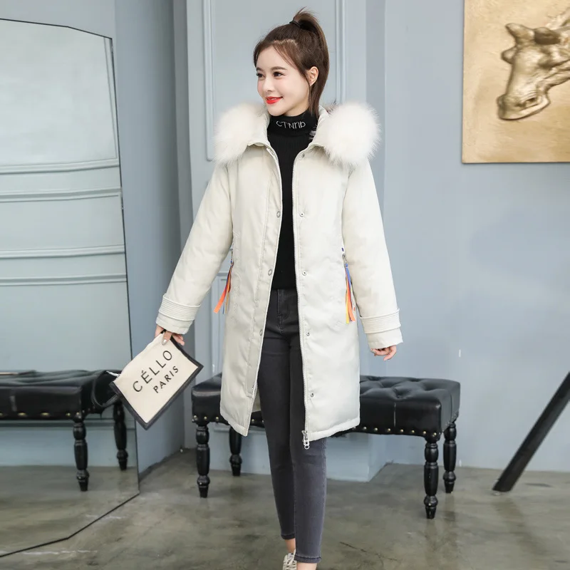 Дизайн, женская зимняя куртка, верхняя одежда из хлопка, Женское пальто с капюшоном и меховыми пуговицами, Женская длинная парка - Цвет: Бежевый