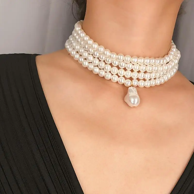 Multilayer Imitation Pearl Choker Metal Slice Fixation Wide Necklace For Women