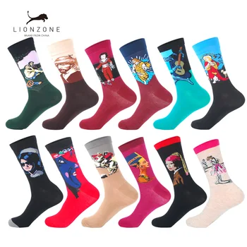 

LIONZONE 12Pairs/Lot Men Funny Colorful Combed Cotton Socks Dozen Pack Oil Painting Character Casual Dress Wedding Happy Socks