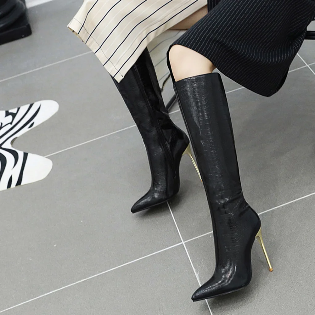 Karinluna/Новое поступление, большие размеры 34-48, популярная обувь женские ботинки до середины икры на тонком высоком каблуке, с острым носком, на молнии женская обувь