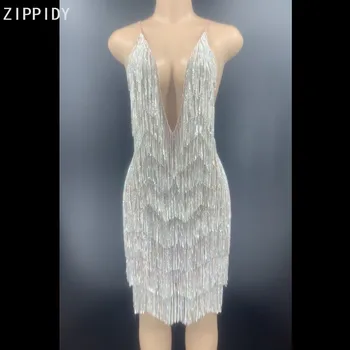 

Bling Silver Stones Fringe Backless Mesh MINI Dress Birthday Celebrate Party V-collar Dress Female Singer Show Dress YOUDU