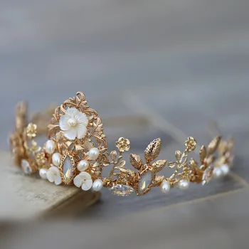 

Princess Freshwater Pearl Opal Zircon Wedding Hair Crown Queen Bridal Tiara Party Accessories Flower Leaf Headband Jewelry
