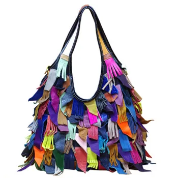 

Natural Cowhide Leather Bag Large Capacity Handbag Colorful leather fringed One Shoulder Messenger Bag 2020 New Arrival Tote
