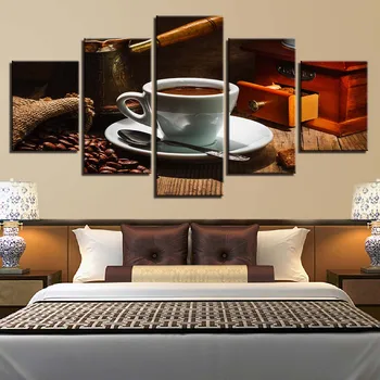 

Embelish 5 Pieces Coffee And Spoons Plates Modern Kitchen Decor Wall Posters HD Print Canvas Painting Home Decor Modular Picture