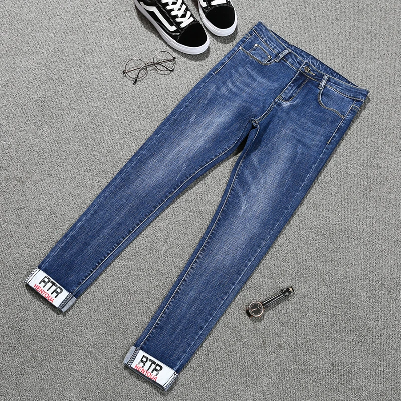 

Large Cuffs Bleached Women's Jeans High Waist Panelled Letters Jeans Woman Ankle Length Pencil Pants Mujer Stretch Skinny Denim