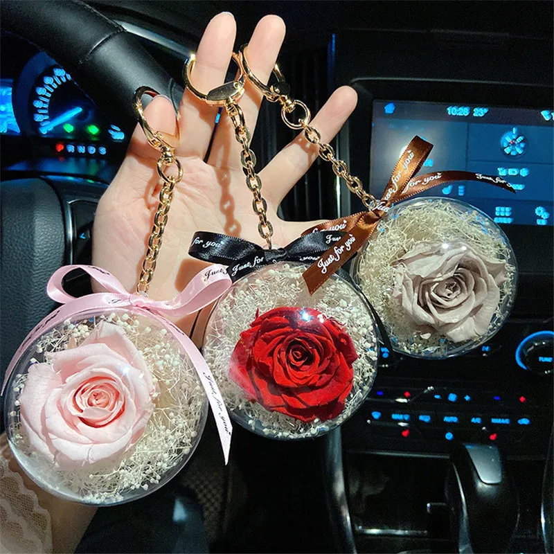 Natural Preserve Rose Flower Keychain 8cm Big Acrylic Round Ball Pedant Car  Hanging Pearl Key Chain Ring Valentine's Day Gift