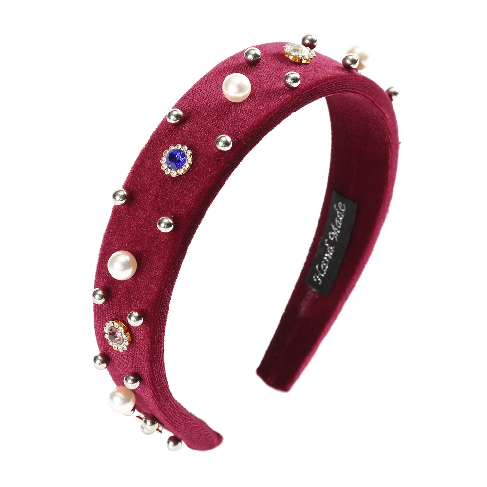 

AWAYTR New Retro Solid Color Cotton For Women Hair Accessories Pearl Crystal Flower Inlaid Thick Wide Hair Band Handmade