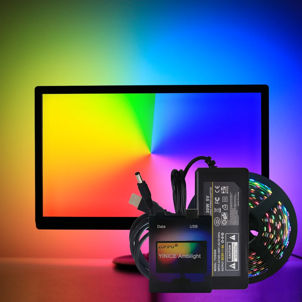 ws2812 RGB USB LED Strip light HDTV TV Monitor Desktop PC Screen Backlight lighting Ambilight ws2812b Tape Ribbon String 1M~ 5M