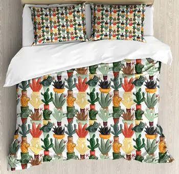 

Cactus Duvet Cover Set Mexican Succulent in Pots Botanical Themed Illustration House Plant Arrangement Bedding Set Multicolor
