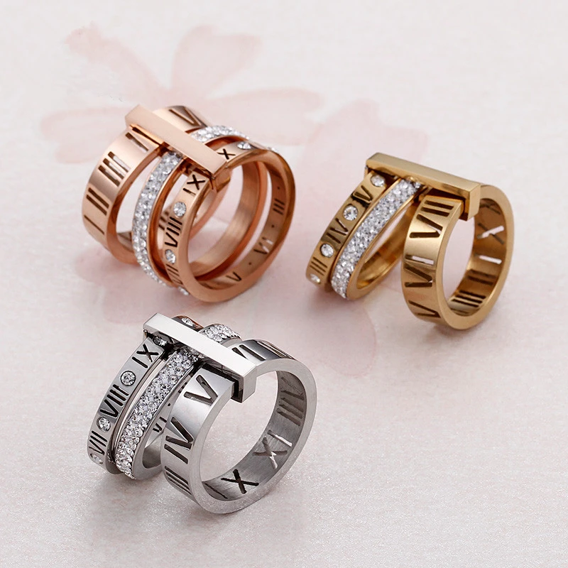 Anelli in acciaio inossidabile con conchiglia alla moda per donne Ragazze Tre strati Numeri romani Strass Anelli da sposa da donna Gioielli - immagine 6