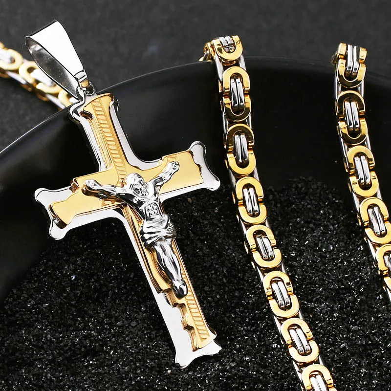 Crucifixion Catholic Cross Pedant Necklace Thick Stainless Steel Necklaces Long Personalized Catholic Neckless Men Jewelry Gift