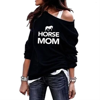 

HORSE MOM Letters Print Round Neck Shoulder Hoodies Hoodies For Women Kawaii Sweatshirt Femmes Sweatshirts Hoody Thick Frauen