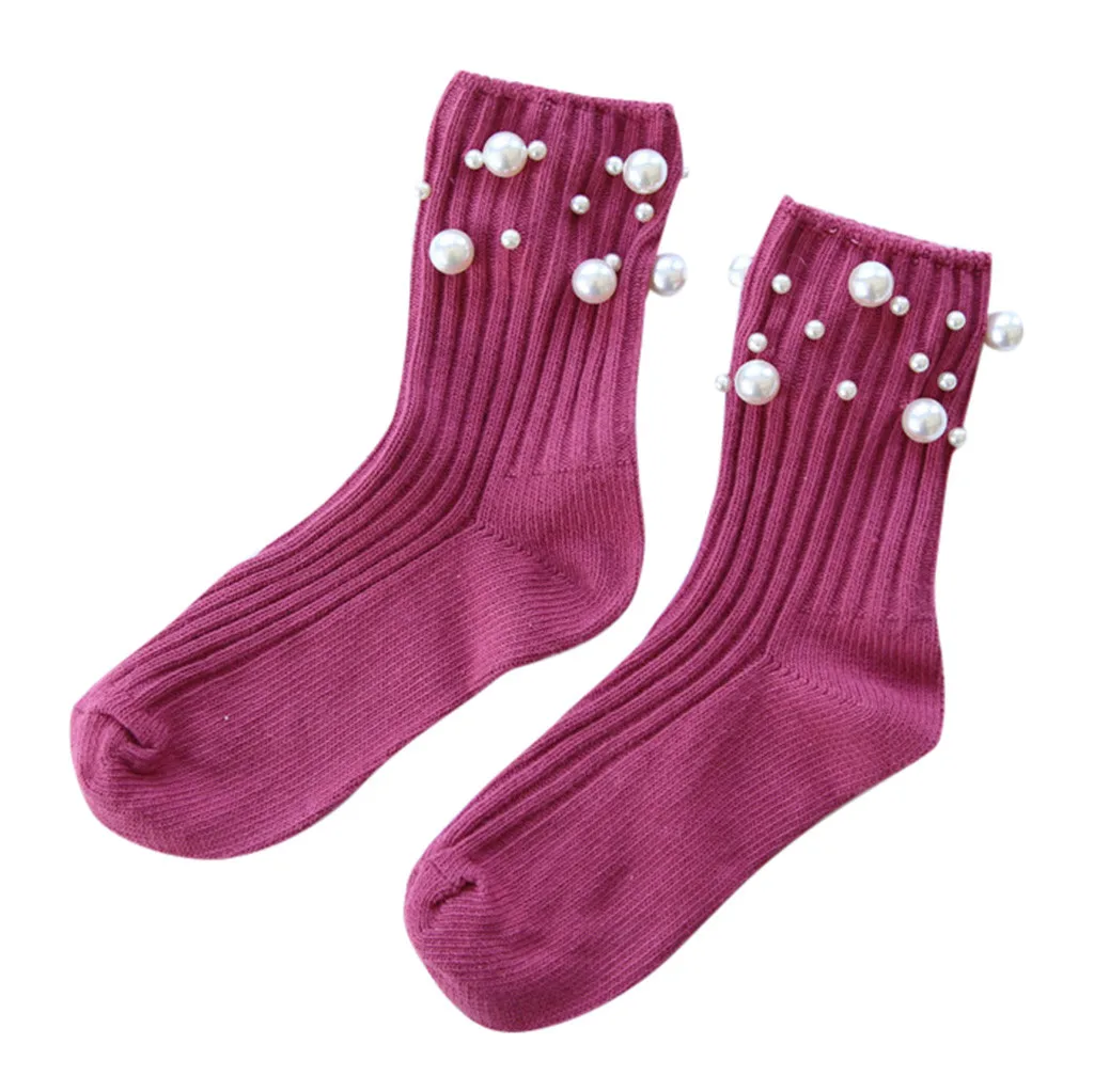 Носки с жемчугом, женские повседневные милые дышащие хлопковые носки, стандартные однотонные женские носки, stopki skarpetki damskie