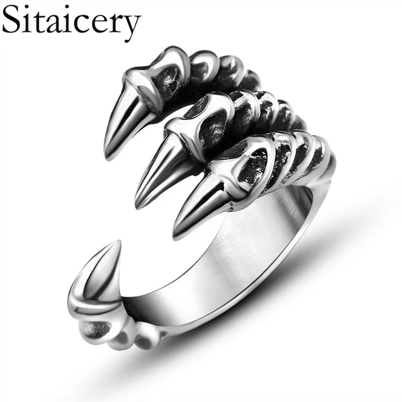 Sitaicery, ретро кольцо с когтями дракона, мужские Регулируемые кольца из нержавеющей стали, мужские ювелирные аксессуары в стиле панк, крутые мужские вечерние кольца, подарок - Цвет основного камня: SILVER