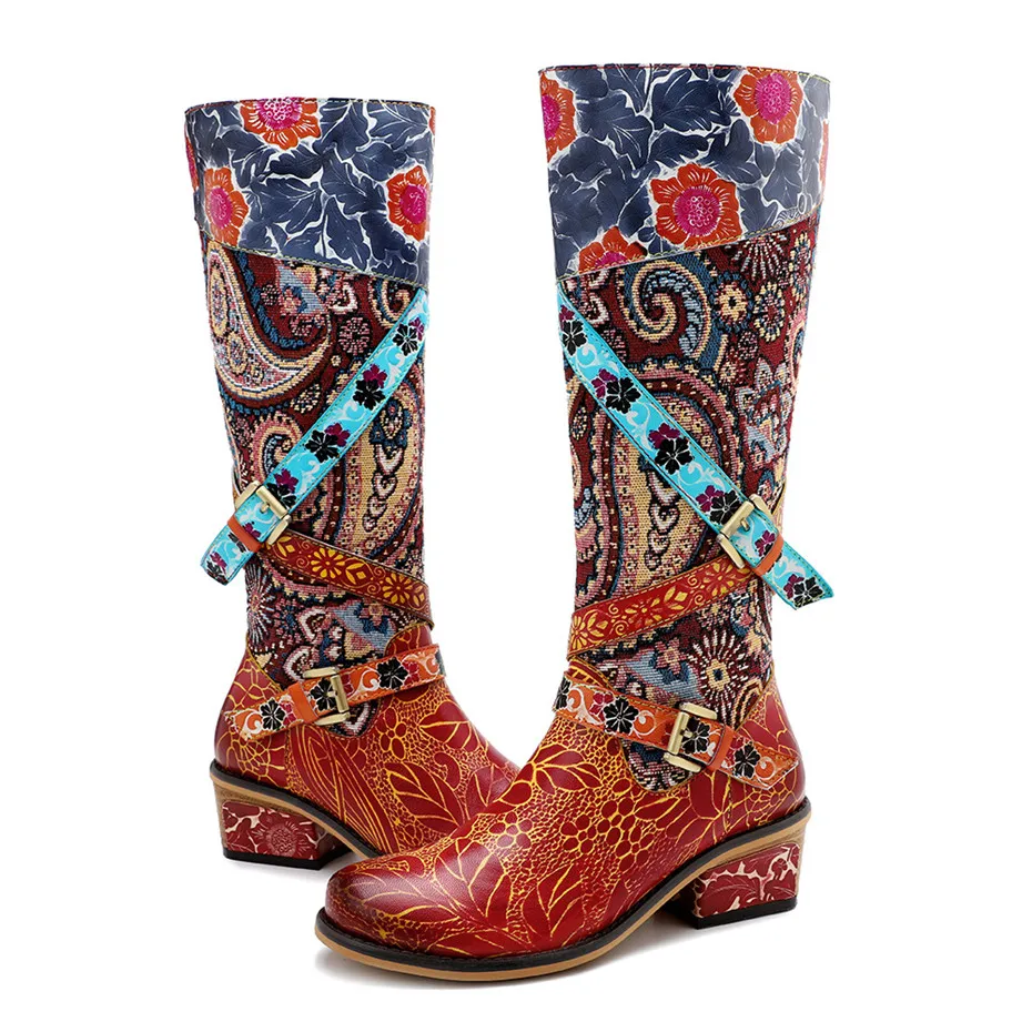 Vintage Women Knee High Boots Genuine Leather Riding Boots Autumn Winter Round Toe High Square Heels Western Cowgirl Boots Shoes (14)