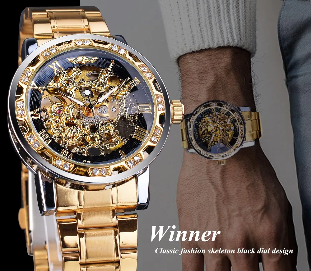 Mechanical Watch Golden Watches Classic Rhinestone Clock Roman Analog Male Skeleton Clocks Stainless Steel Band Luminous