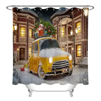 

Uniqued Street Car Xmas Tree Shower Curtain Liner Waterproof Fabric Bathroom Set