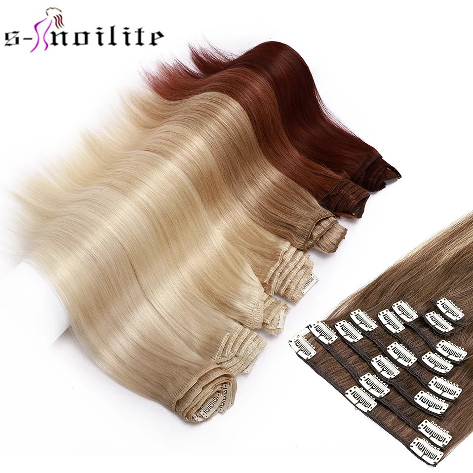 S-noilite 50g-80g 10 -24 no Remy 18 Clips 8 Uds la cabeza llena de pelo Real Ombre marrón destacar Clip en la extensión del cabello humano recto