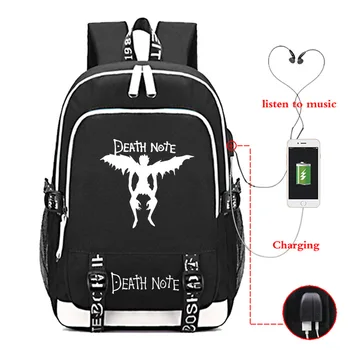 

2019 New Fashion USB Charging Earplug Hole Backpack Classic Anime Death Note Printed Cool Teenagers School Bag Casual Rucksack