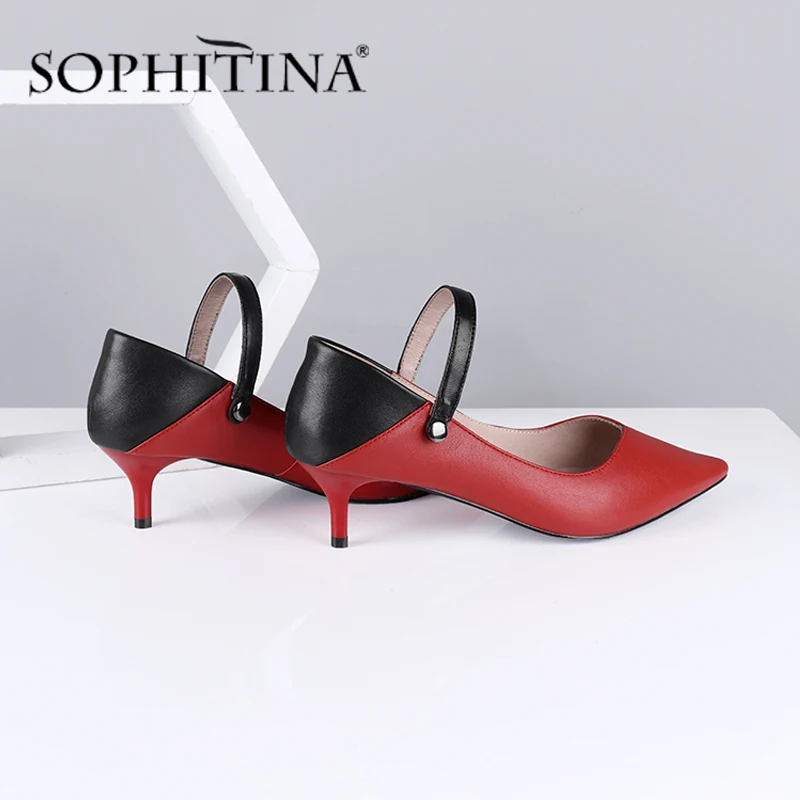 SOPHITINA Summer Women Pumps Pointed Toe Thin Heels Med Ankle-Wrap Slip-On Confortable Shoes Sheepskin Office Mature Pumps MC578