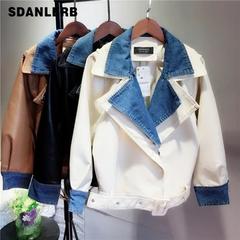 

Spring and Autumn Denim Stitching Leather Jacket Women Loose Large Size Motorcycle Short Coat New Pu Leather Jackets