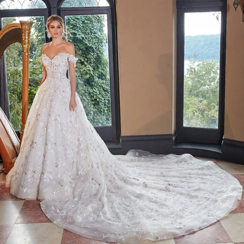 『Cheap!!!』- Thinyfull Princess Sweetheart Wedding Dresses A Line Off
The Shoulder Bride Dresses Tulle Lace Appliques Court Train Bridal Gown