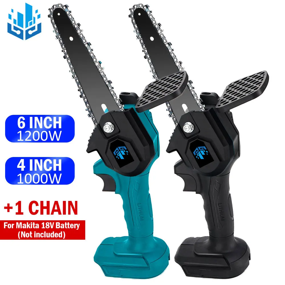1000/1200W Mini Electric Saw with 2 Chain Woodworking Pruning One-handed Garden Tool Power Tools for Makita 18V Battery 4/6 Inch