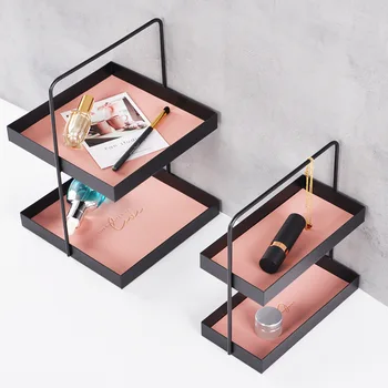 

Minimalist Black Flat Jewelry Display Trays Showcase Organizer 2 Tier Square Round Metal Stand Storage Stand PU Leather Interior