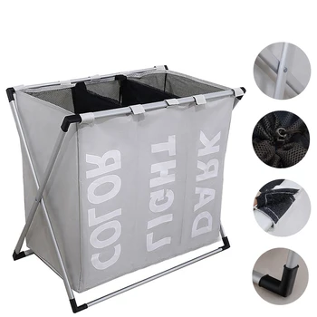 

Laundry Basket Dirty Clothes Storage Basket Laundry Hamper Waterproof Oxford Cloth Three Grids Classified Basket in the Bathroom