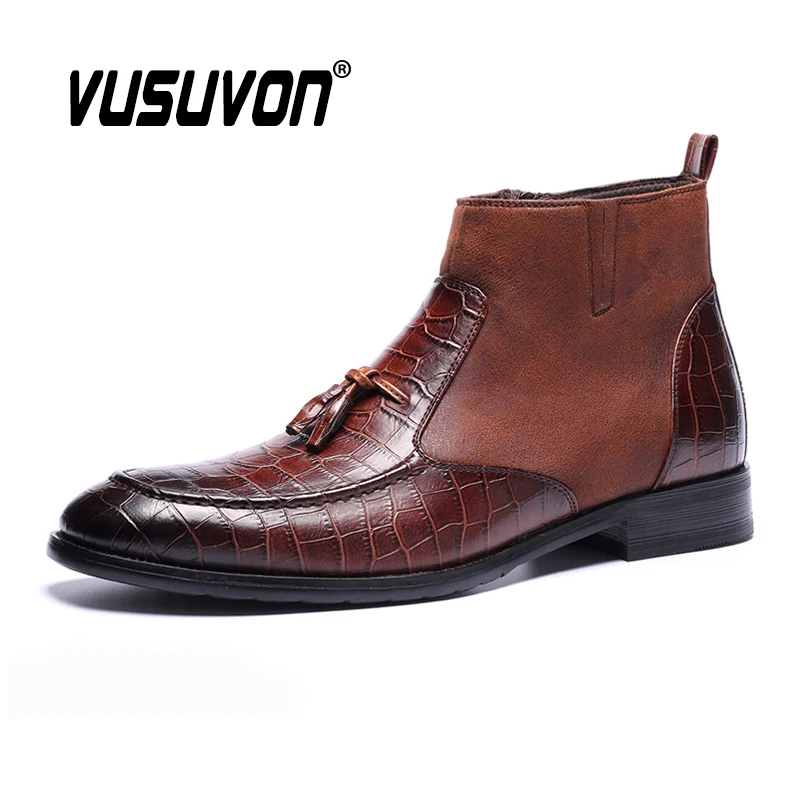 

40-46 PU Leather Chelsea Boots Men Winter Keep Warm Snow Boots Tassel Loafers 2020 Newest Print Ankle Boots Men