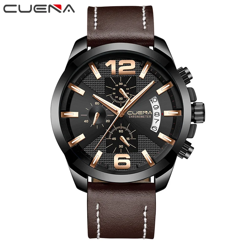 CUENA, кварцевые часы для мужчин, секундомер, светящийся кожаный ремешок, водонепроницаемые спортивные часы, мужские наручные часы, мужские часы