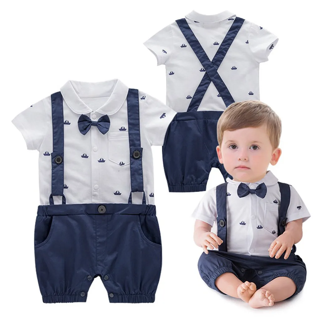 

New Born Baby Boy Clothes Cartoon Boat Printed Straps Gentleman Style Short Sleeve Rompers 3/6/12/18 Month Newborn Romper#guahao