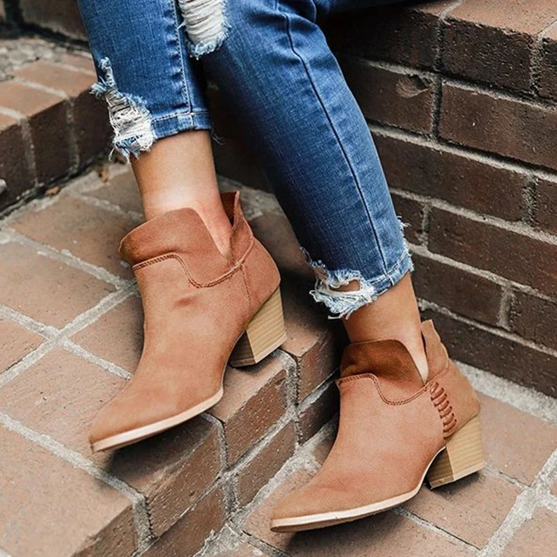 

SHUJIN Brown Black Women Boots Comfy Square High Heel Ankle Boots Fashion Pointed Toe Zipper Boots Winter Ladies Shoes