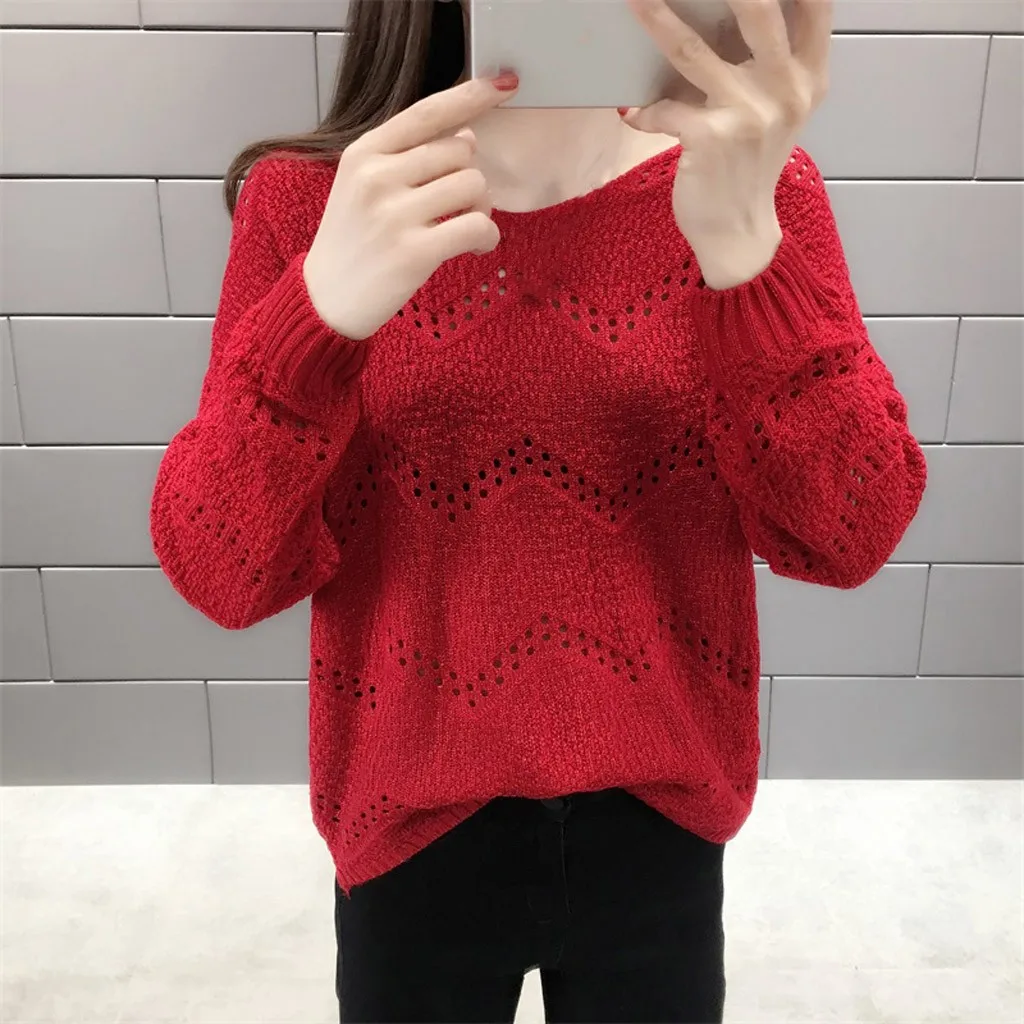 Jaycosin Fashion Women Casual Simple Long Sleeve Knitting V-Neck Sweater Stylish Comfortable Bottoming Hollowed Out Sweater